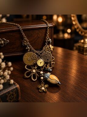 NWT Vintage-Inspired Brass Flower Duck Watch Charm Necklace